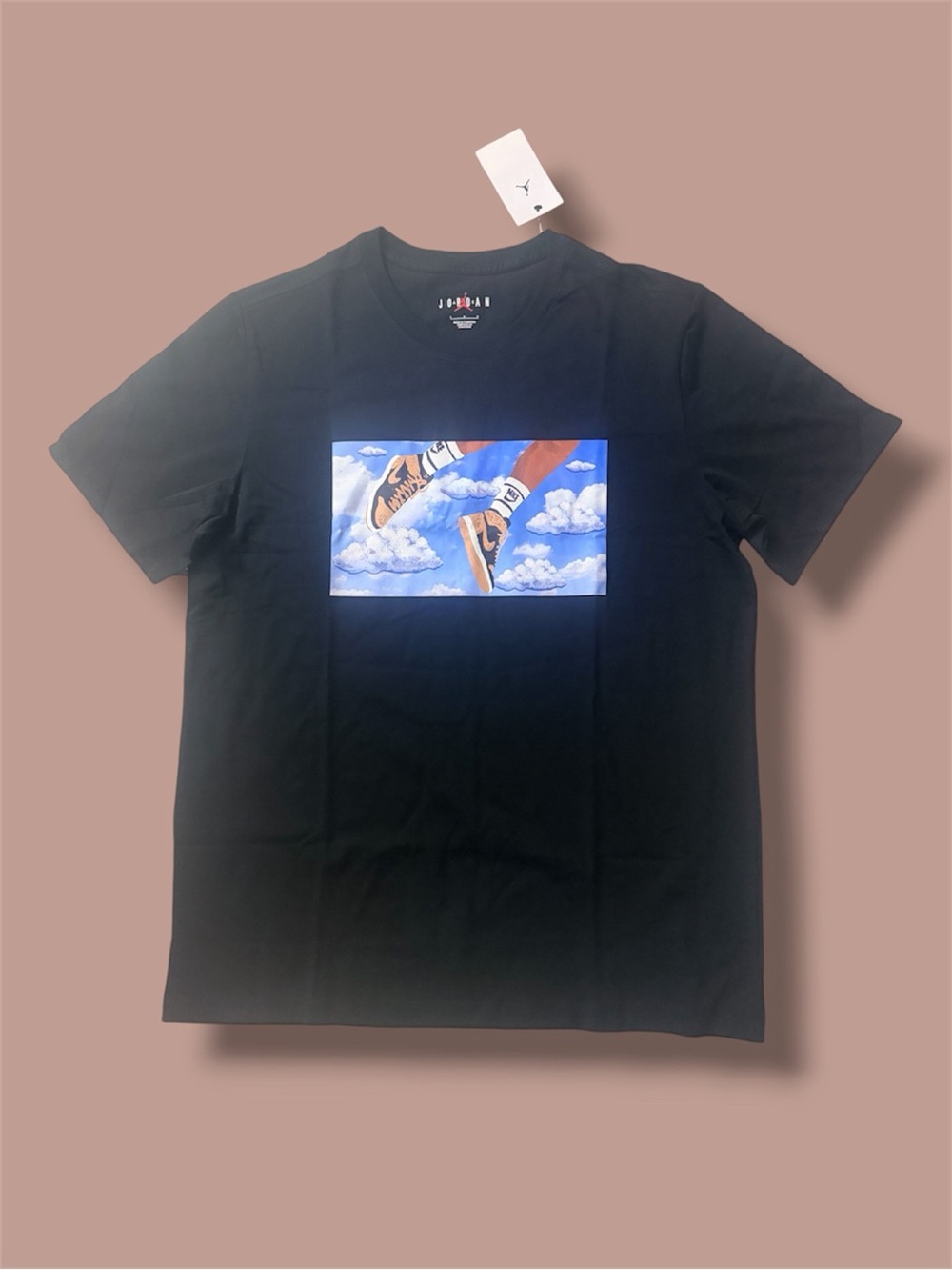 New! Jordan Flight Essentials T-Shirt sneakers floating in a cloudy sky (Large)